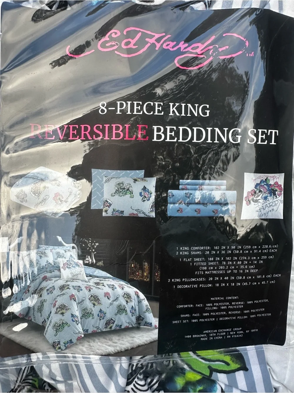 Ed Hardy 8 Piece King Reversible Bedding Set NIP Blue Floral Striped Comforter